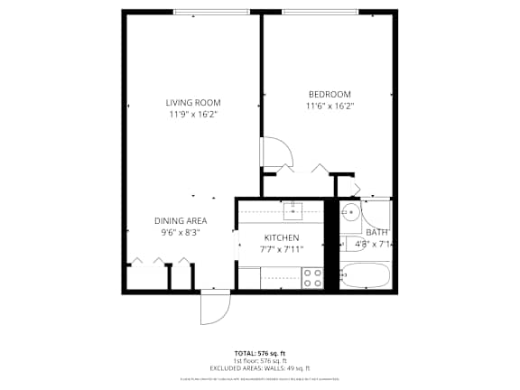 A black and white image of a floor plan for a one bedroom apartment.
