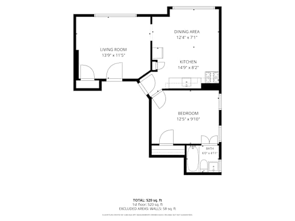 A black and white image of a floor plan for a 2 bedroom, 1 bathroom apartment.