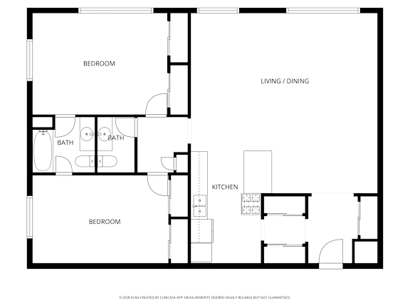 A black and white floor plan of an apartment with two bedrooms, a living/dining area, a kitchen, and one and a half bathrooms.