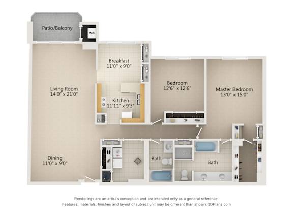 2 Bedroom 2 Bath 1,725 Sq. Ft. Type E Floor Plan at Atrium in The Village, Beachwood Ohio