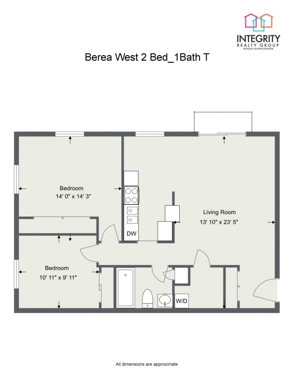2 Bedroom 1 Bath 850 Sq. Ft Floor Plan at Integrity Berea Apartments, Integrity Realty LLC, Ohio