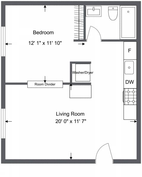 A floor plan of a bedroom with dimensions and a living room with a washer and dryer.