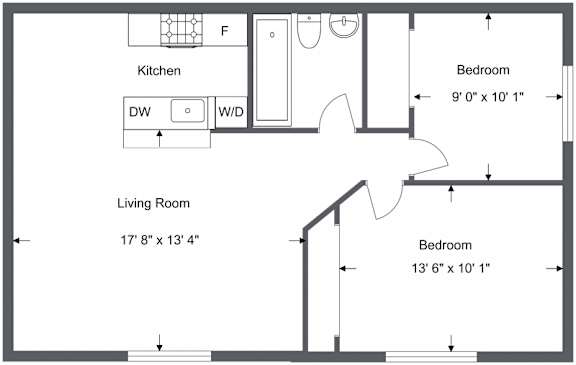 A floor plan of a small apartment with a living room, kitchen, and two bedrooms.