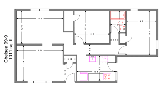 2 Bedroom 1 Bath Chelsea Floor Plan at Integrity Gold Coast Apartments, Cleveland, OH, 44102