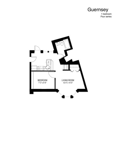 A floor plan of a one bedroom apartment in Guernsey.