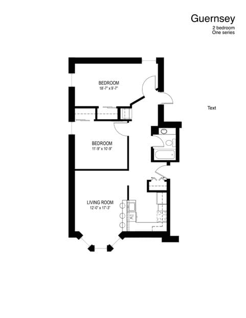 A floor plan of a one-bedroom Guernsey apartment with a living room and two bedrooms.