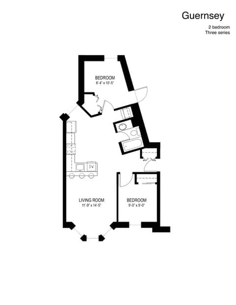 A floor plan of a three bedroom Guernsey apartment.