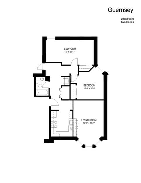 A floor plan of a two bedroom, two series Guernsey.