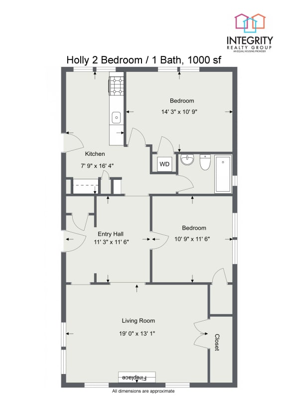 Floor Plan  The Holly 2 Bedroom 1 Bath A 1000 Sq. Ft Floor Plan at Integrity Gold Coast, Cleveland, OH, 44102
