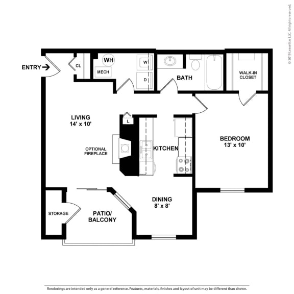 1 Bed 1 Bath Floor Plan at Hunt Club Apartments, Integrity Realty, Copley, Ohio, 44321