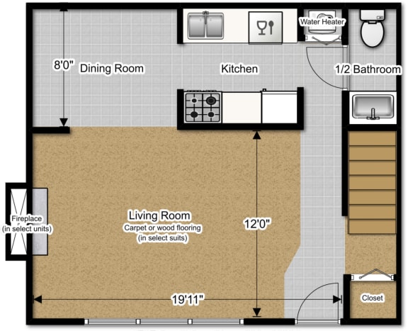 Floor Plan  2 bedroom 1st Floor 980 Sq. Ft at Huntington Hills Townhomes, Integrity Realty, Stow, 44224