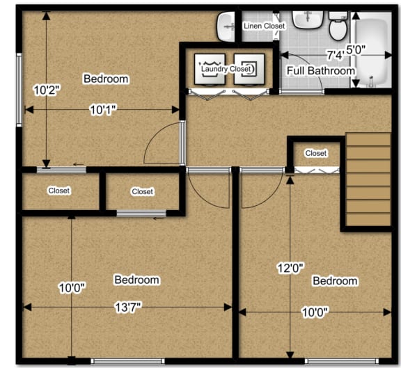 3 bedroom 2nd floor 1050 Sq Ft at Huntington Hills Townhomes, Integrity Realty, Stow, OH, 44224