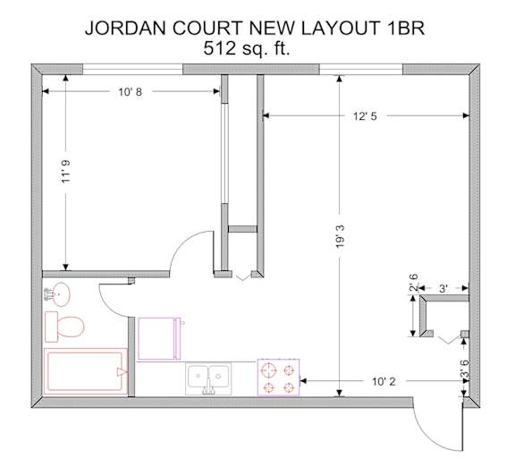 1 Bedroom - 1 Bath Floor Plan at Jordan Court Apartments, Integrity Realty, Kent, Ohio