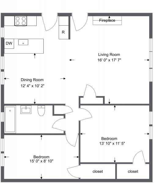 A floor plan of a house with a living room, dining room, and two bedrooms.