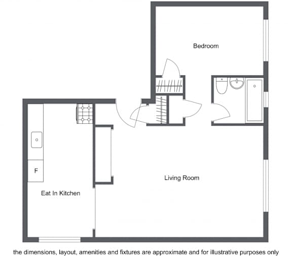 A floor plan of a living room with a bedroom and a kitchen area.