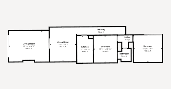 A floor plan of a house with two living rooms, two kitchens, two bathrooms, and four bedrooms.