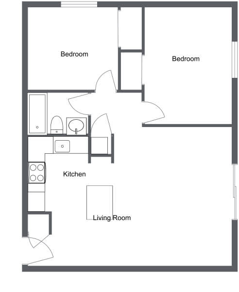 A floor plan of a small apartment with a kitchen, living room, and two bedrooms.