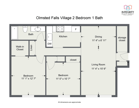 2 Bedroom 1 Bath 1000 Sq. Ft Floor Plan at Integrity Berea Apartments, Integrity Realty LLC, Berea, OH, 44017