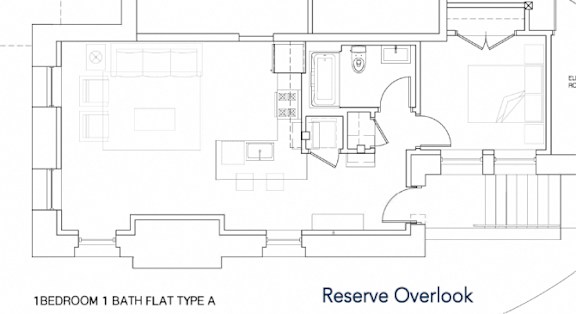 A floor plan of a 1 bedroom 1 bath flat type A.