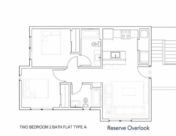 A floor plan of a two bedroom, 2 bath flat type A with a reserve overlook.