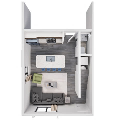 A 3D floor plan of a small apartment with a kitchen, living room, and bedroom.