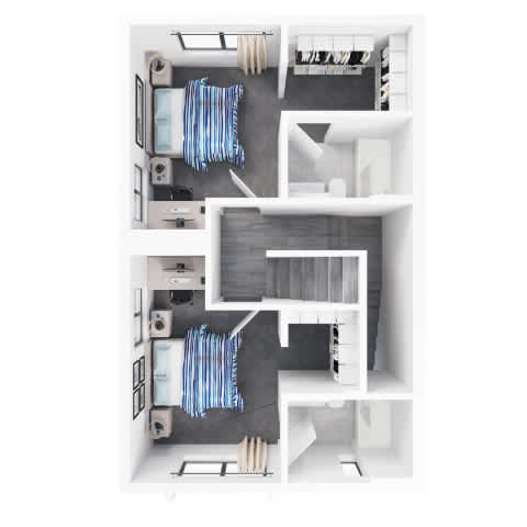A top-down view of a modern apartment with two bedrooms, a living room, and a kitchen.