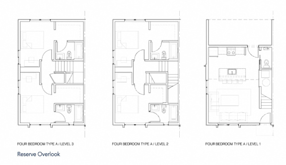Three different types of four bedroom floor plans are shown.