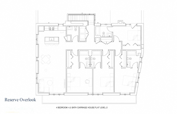 A floor plan of a house with four bedrooms and a bathroom.
