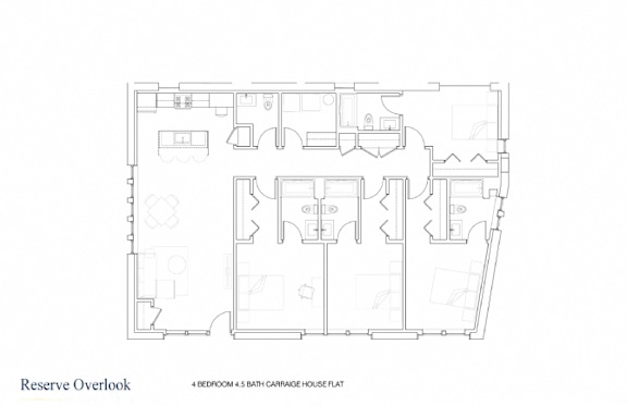 A floor plan of a building with four bedrooms and a bathroom.