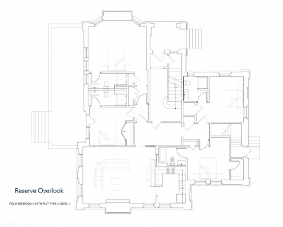 A floor plan of a four bedroom, 4 bathroom type level 1 reserve.