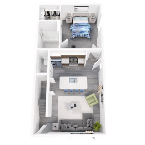 A top and bottom floor plan of a house with a bedroom, living room, kitchen, and bathroom.