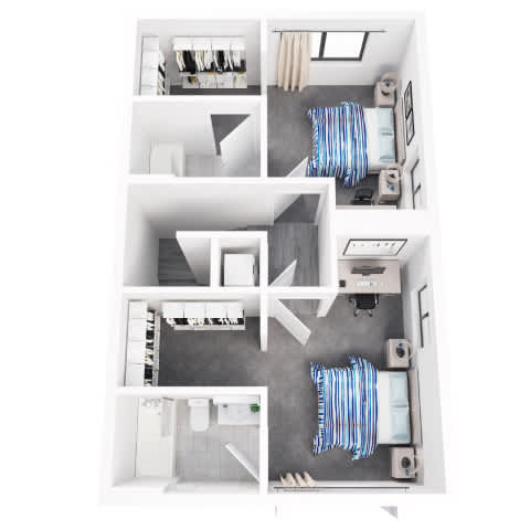 A series of images showing different views of a small, modern apartment.