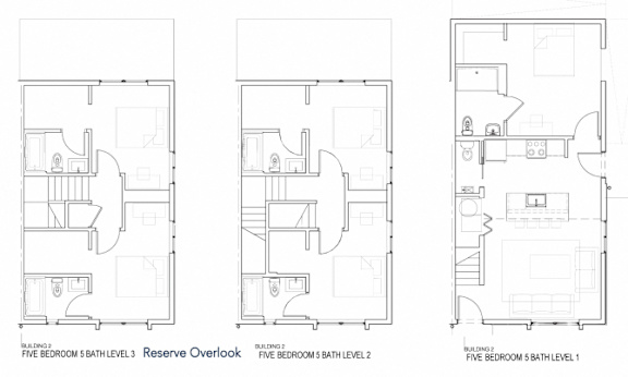 Three floor plans for a five bedroom, 5 bathroom residence.