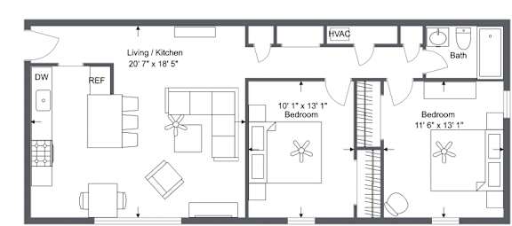A floor plan of a house with a living room, kitchen, two bedrooms, a bathroom, and a laundry area.