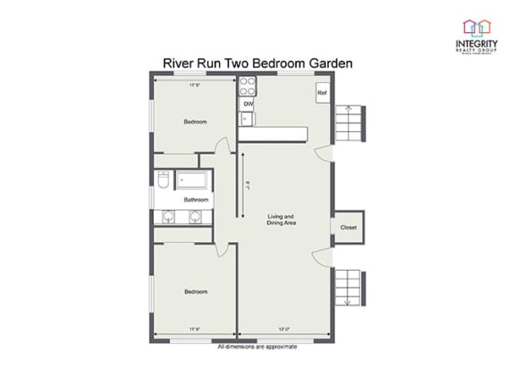 Two bedroom Two bathroom 1,030 Sq.Ft. Floor Plan at River Run Apartments - RYDYL I LLC, Integrity Realty LLC, Warren, OH