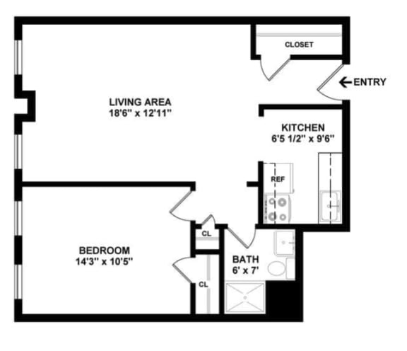 Shaker 1 Bedroom 1 Bath 650-to725 Sq. Ft. Floor Plan at Shaker Collection  Apartments, Integrity Realty, Cleveland, 44120