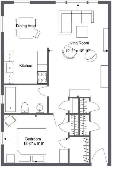 a floor plan of a small house with a kitchen and a living room