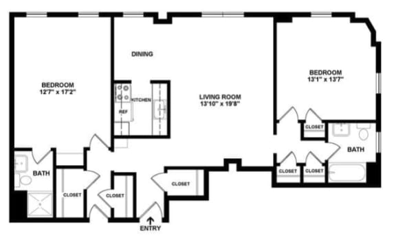 2 Bed 2 Bath 1,150 Sq. Ft. Floor Plan at Shaker Collection  Apartments, Integrity Realty, Ohio, 44120
