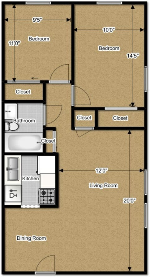 Village style 763 Sq. Ft floor plan at Ryan Place Apartments, Integrity Realty, Ohio