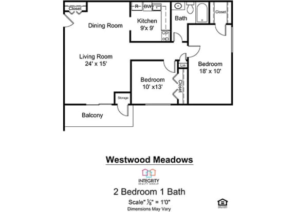 2 Bed 1 Bath 1,050 Sq.Ft. Floor Plan at Westwood Meadows in Westlake, 27825 Detroit Road, 44145