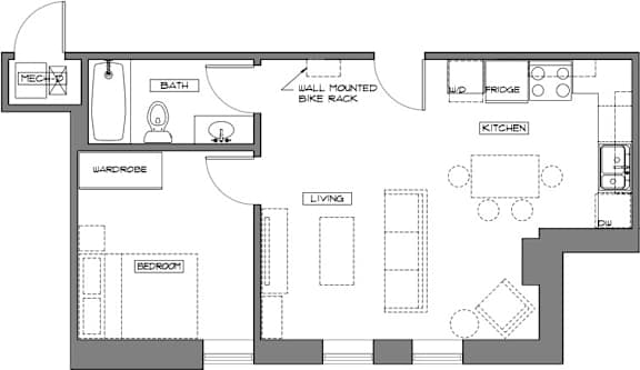 A floor plan of a house with a wall-mounted bike rack.