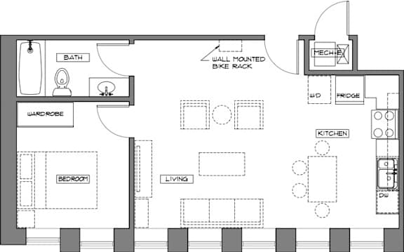 A floor plan of a house with a wall-mounted bike rack.