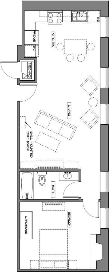 A floor plan of a house with a kitchen, living room, and dining area.