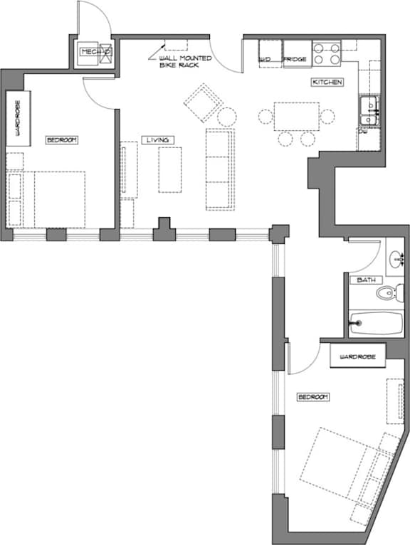 A floor plan of a house with a living room, kitchen, and two bedrooms.