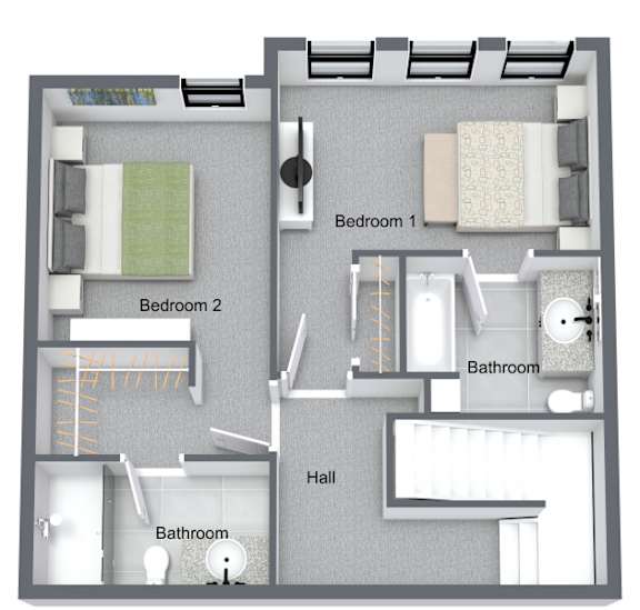 2 Bedroom 2.5 Bathroom 1,388 Sq. Ft. Townhome (Middle) Floor Plan at Westwood Meadows in Westlake, 27825 Detroit Road, 44145