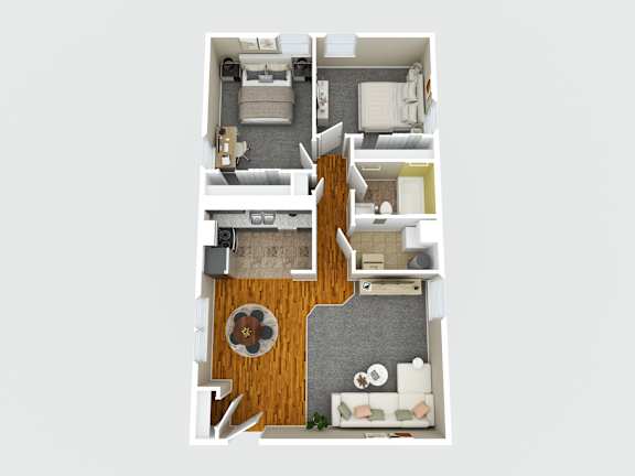A top down view of a small apartment with a kitchen, living room, and bathroom.