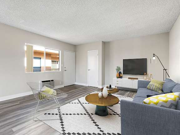 A living room with a grey couch, a coffee table, and a television.