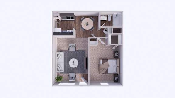 A top-down view of a room with a couch, a coffee table, a TV, and a plant.