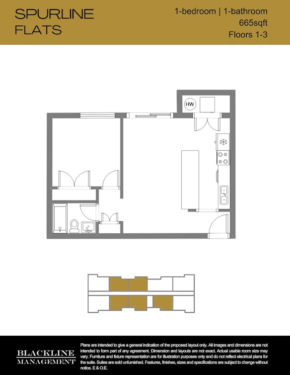 A floor plan for a 1-bedroom, 1-bathroom apartment sized at 665 sq ft, spread across three floors.