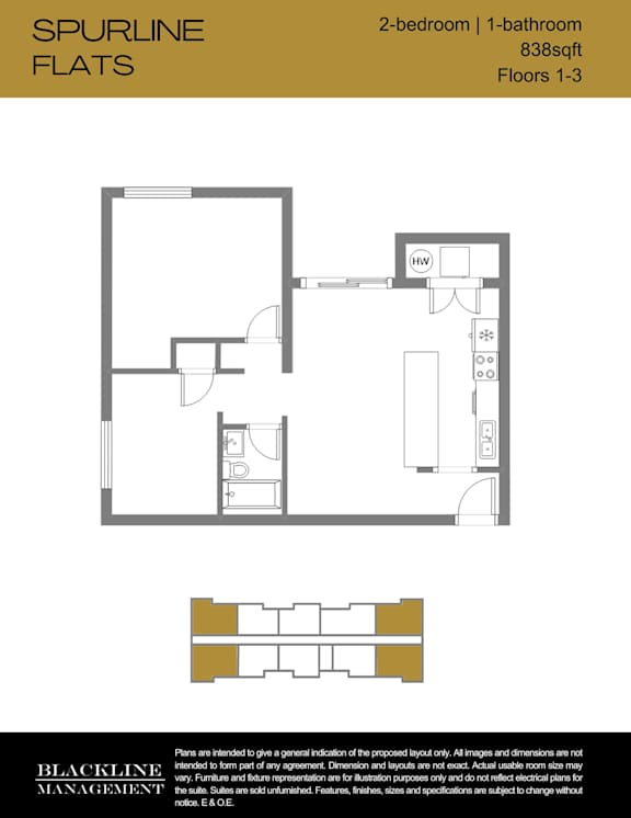 A floor plan for a 2-bedroom, 1-bathroom apartment sized at 838 square feet with 1-3 floors.